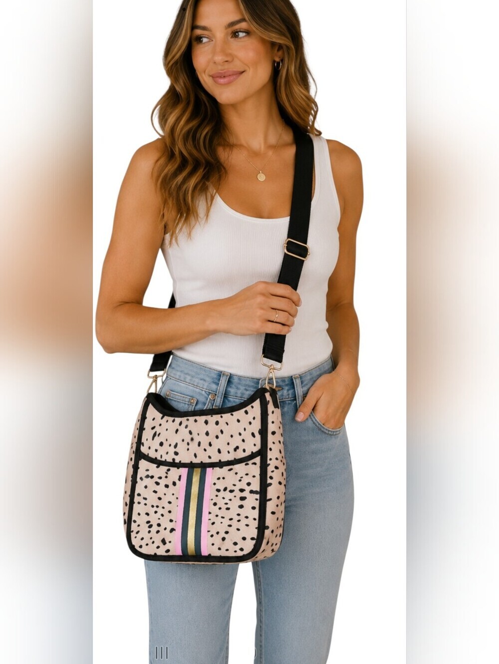 Leopard Print Neoprene Crossbody Bag Pink Gold Stripe